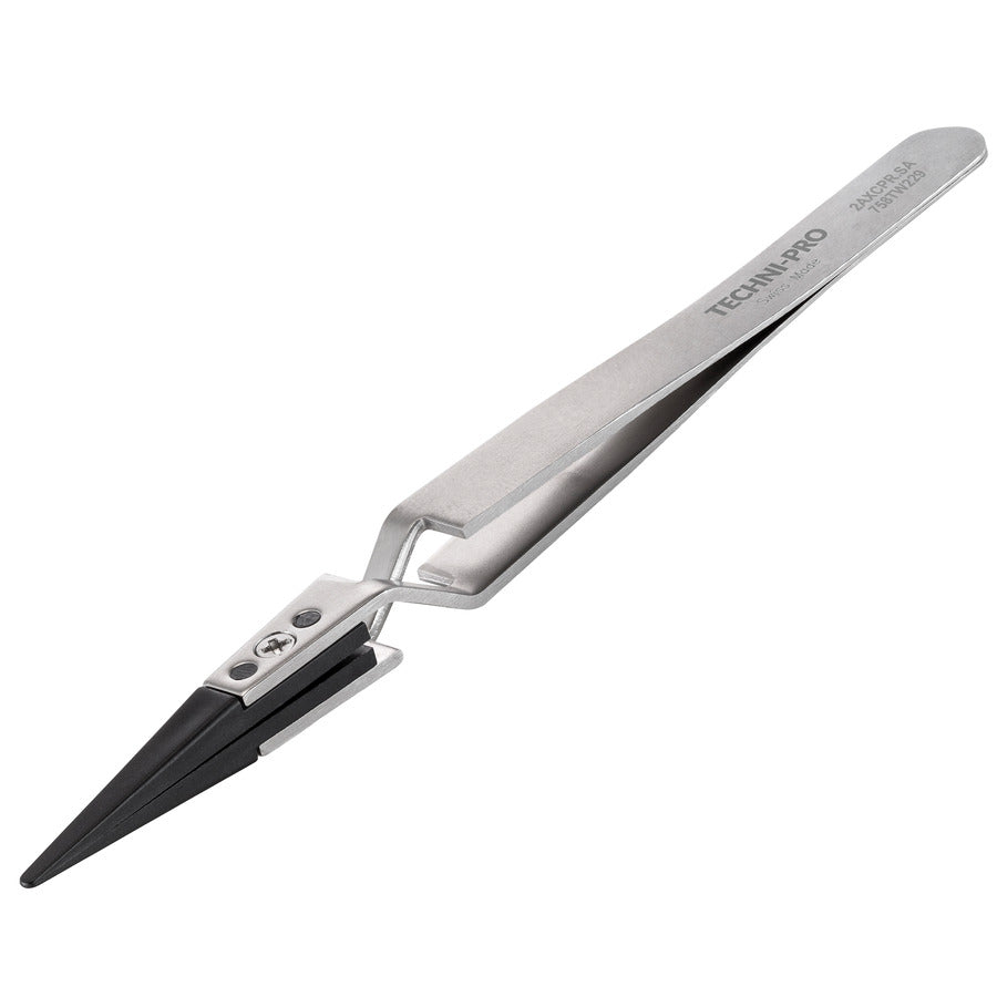 Techni-Pro 758TW229 ESD Plastic Tip Tweezers, Reverse, Style 2A, Carbon Peek, A2ACP, Round, 4.9"