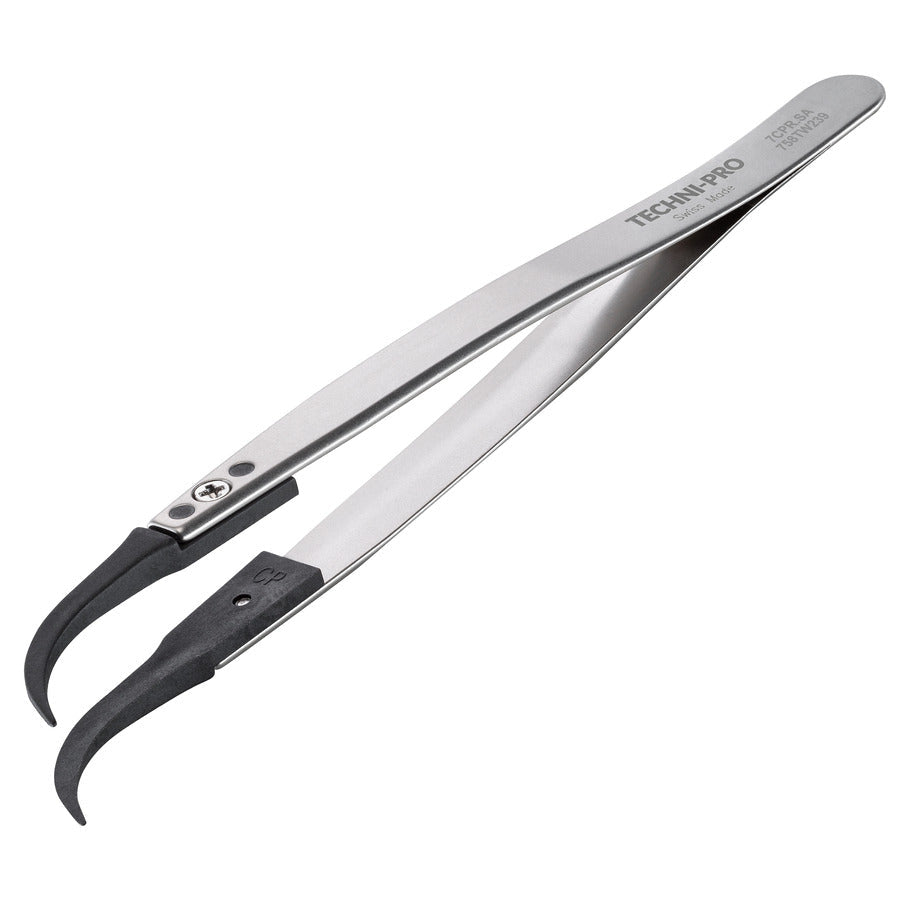 Techni-Pro 758TW239 ESD Plastic Tip Tweezers, Style 7,Carbon Peek, A7CP, Curved, Very Fine, 5.1"